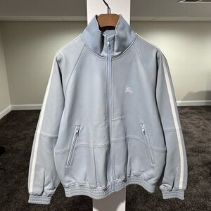Supreme x Burberry Pastel Blue Embroidered Logo Leather Zip Jacket